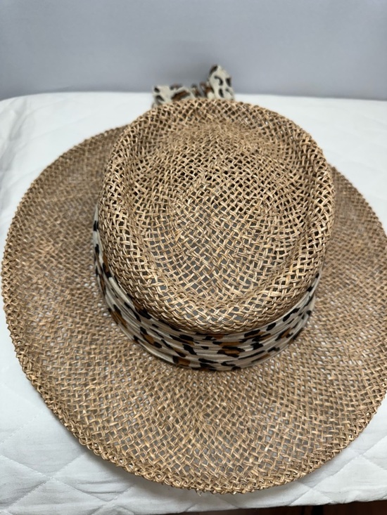 Women Panama Honeycomb Woven Straw Sun Hat Leopard Scarf Trim Natura Made In USA main image 7